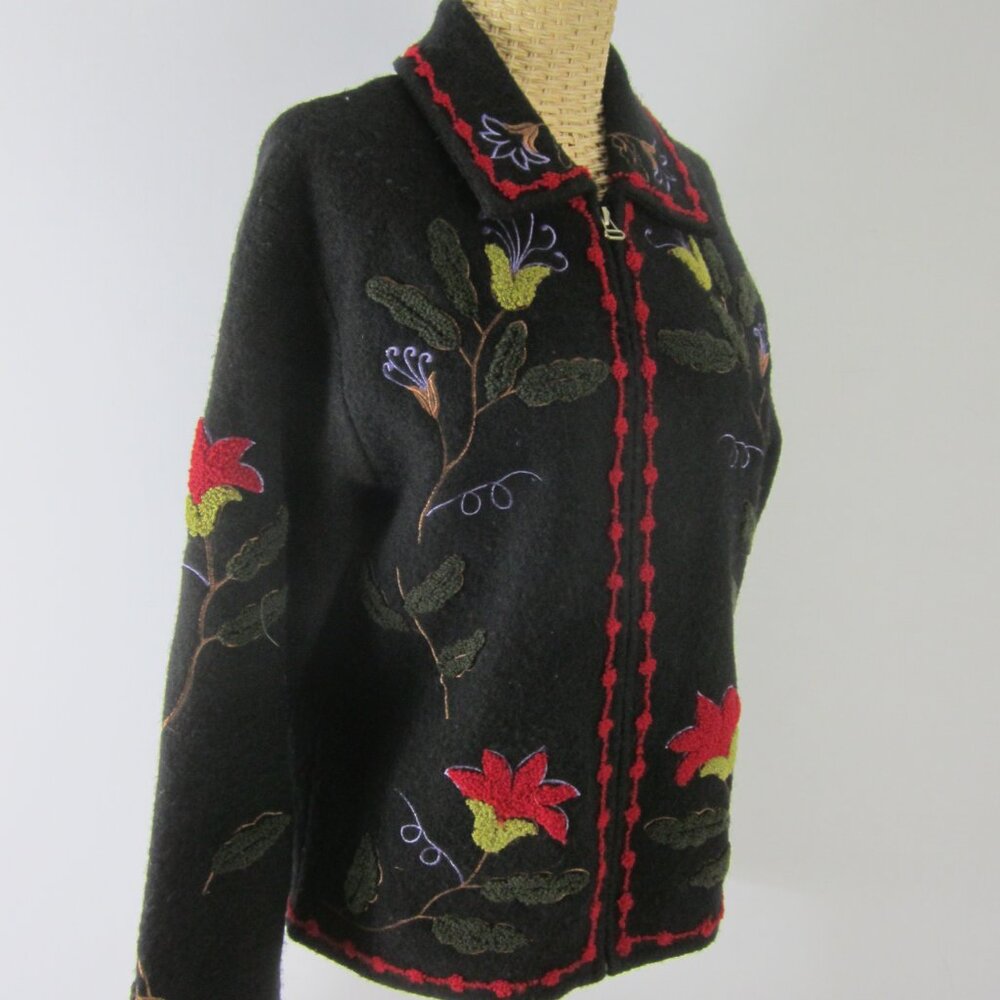 Tally Ho Womens S Black Boiled Wool Floral Full Zip Long Sleeve Jacket Cardigan - Picture 2 of 16
